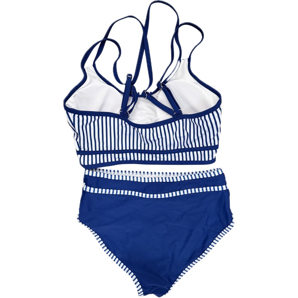 NWT Popvil High Waisted Bikini Set Blue Stripe Crisscross Sporty Bikini Small - Picture 6 of 7